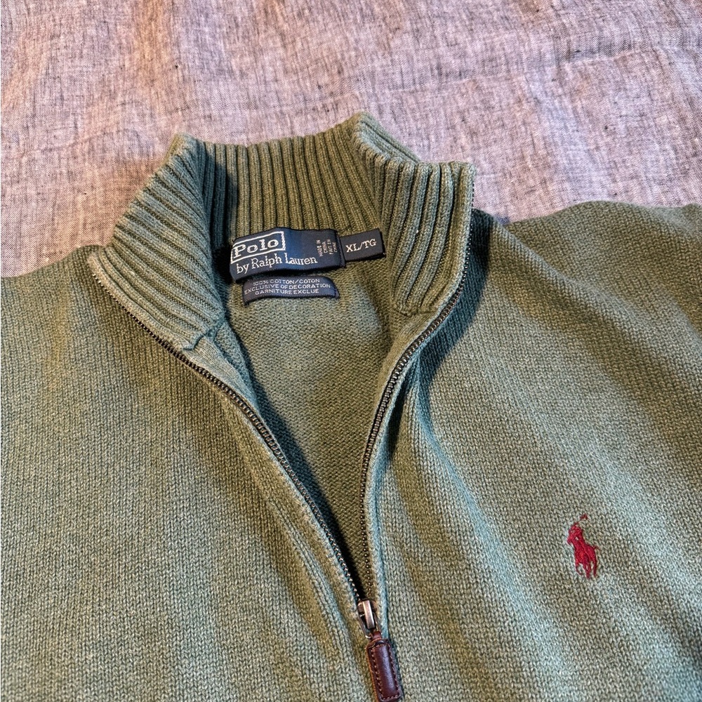 Polo Ralph Lauren 100% Cotton Quarter-Zip Mockneck Jumper Green Size XL - Picture 7 of 8